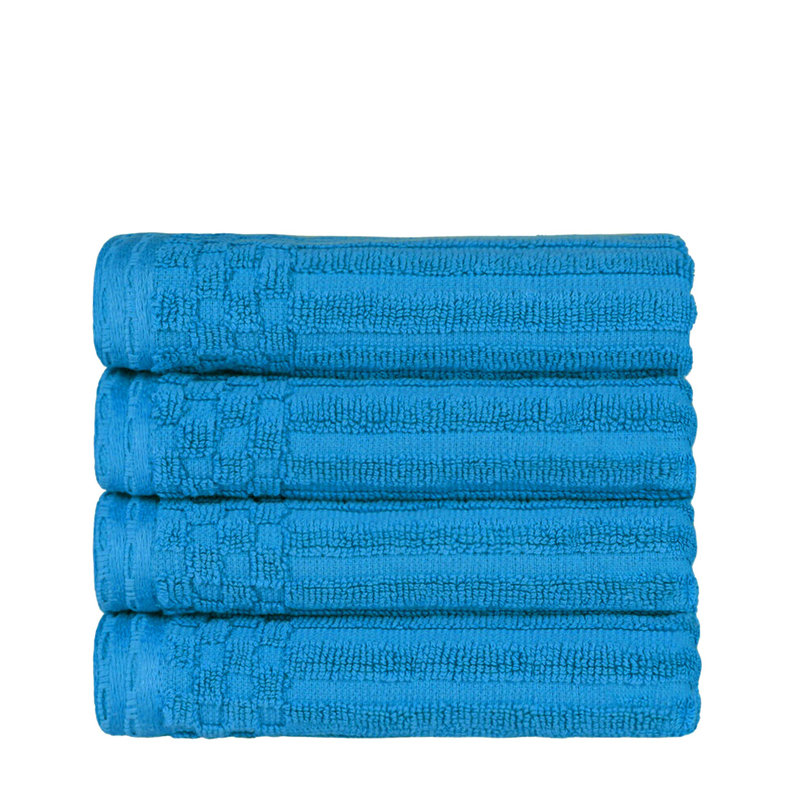 Kleiman Cotton Highly Absorbent Solid and Checkered Border Hand Towel Set, Sky Blue
