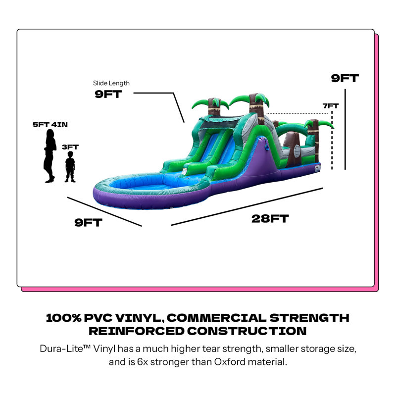 POP JUMP Tropical 28' Inflatable Obstacle Course with Slide, Wet/Dry Backyard Race Course with Blower