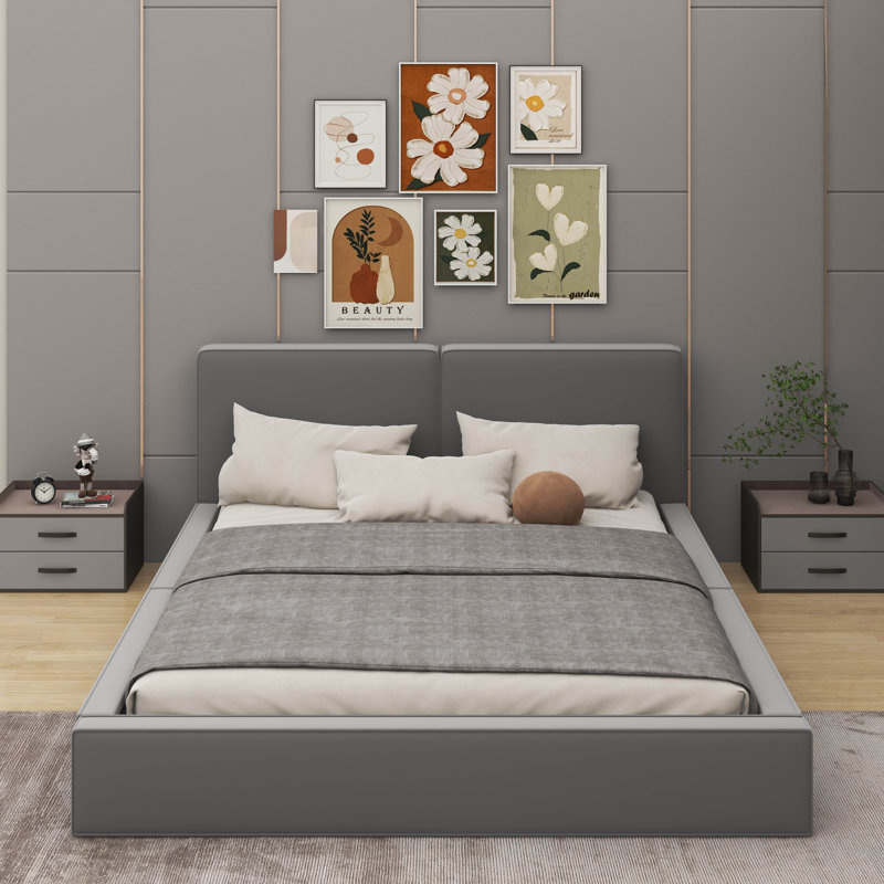 Grand lit tapissier au sol en velours, Gris