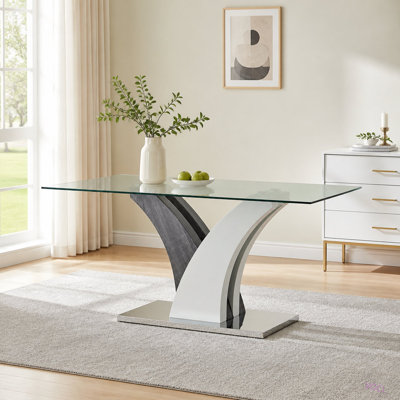 La table de salle à manger moderne, le comptoir en verre trempé et les pieds en panneau de fibres à densité moyenne artistiques sont parfaits pour les dîners, les conférences, la maison et les décorations de bureau.