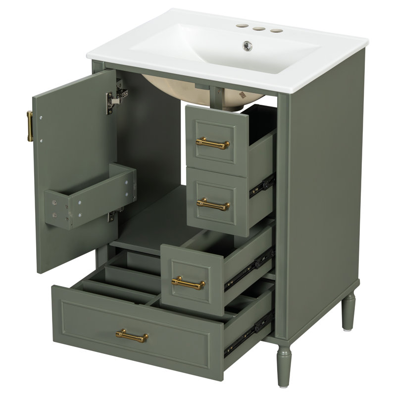Meuble-lavabo 24 po avec lavabo en céramique Paler, porte à fermeture douce et 3 tiroirs Paler, Vert olive
