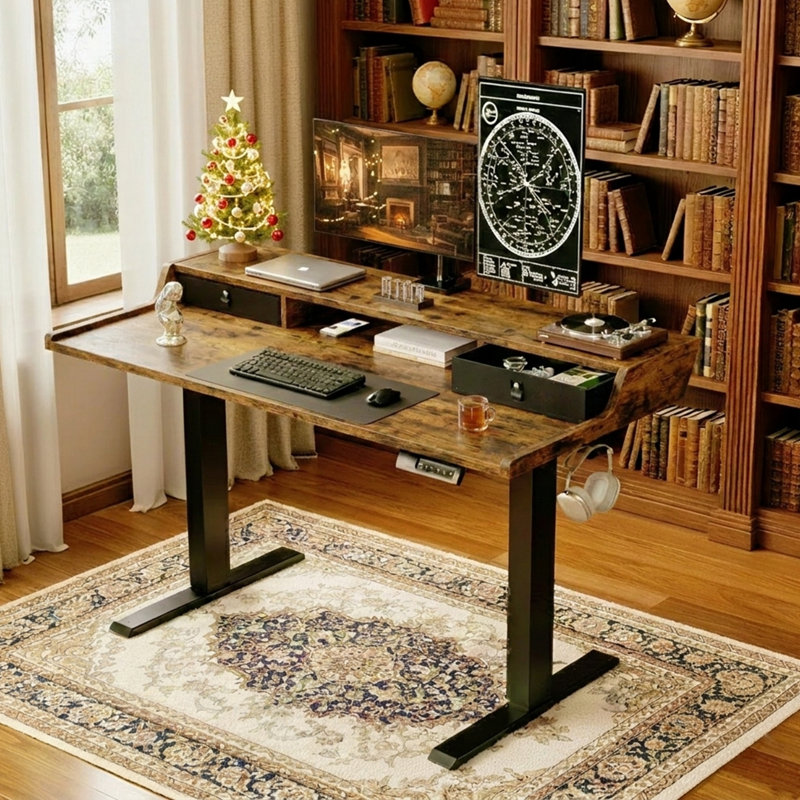 Electric Standing Desk with Large Monitor Shelf & Drawers | Height-Adjustable Ergonomic Desk for Home or Office, Brown/Black