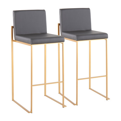Ensemble de 2 tabourets contemporains à haut dossier, structure en acier doré avec revêtement en similicuir gris, tabourets de comptoir à hauteur fixe pour îlot de cuisine