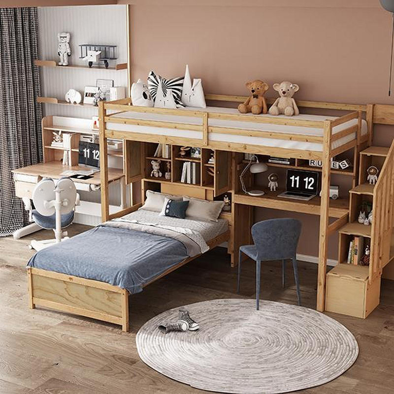 Lit mezzanine simple au-dessus de simple avec bureau intégré et escalier, avec compartiments de rangement et tablettes