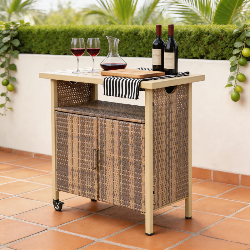 Chariot-bar extérieur en osier avec roulettes, armoire de rangement à boissons pour terrasse pour piscine