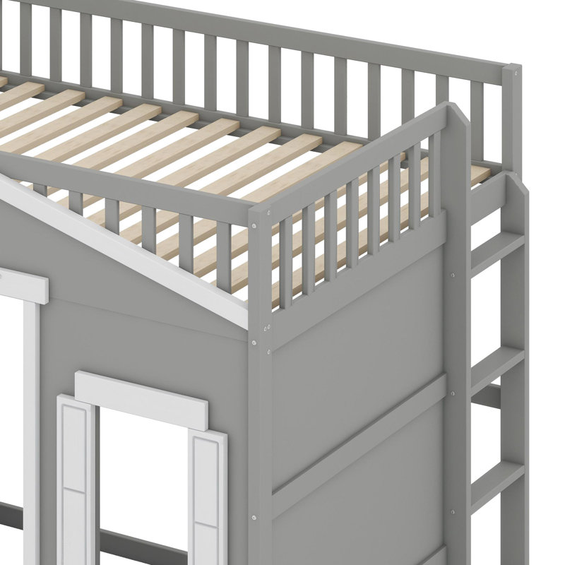 House Loft Bed With Ladder, Gray/White
