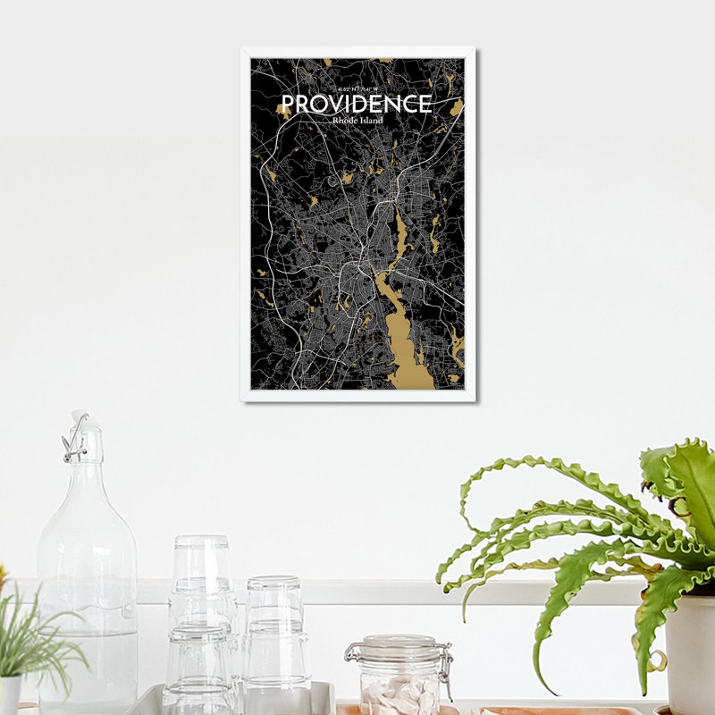 Providence, carte de la ville, impression, H 17 po x l 11 po, Noir et or
