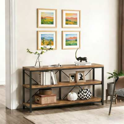 Canapé industriel de 55 pouces, console à 3 niveaux avec structure en métal et tablettes ouvertes pour le salon, le vestibule, Hallyway