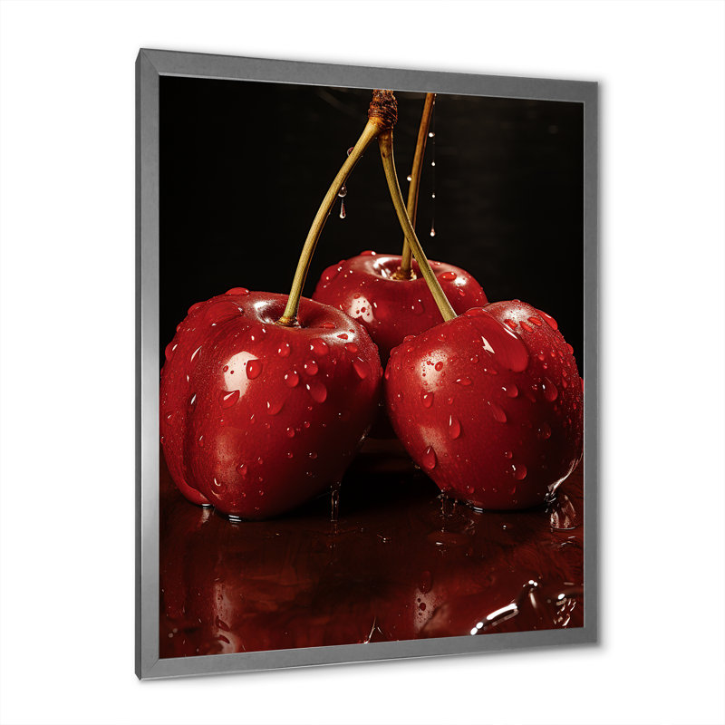 Red Cherry Delight 3 - art mural cerise, Cadre simple argenté, H 44 po x l 34 po x P 1,5 po