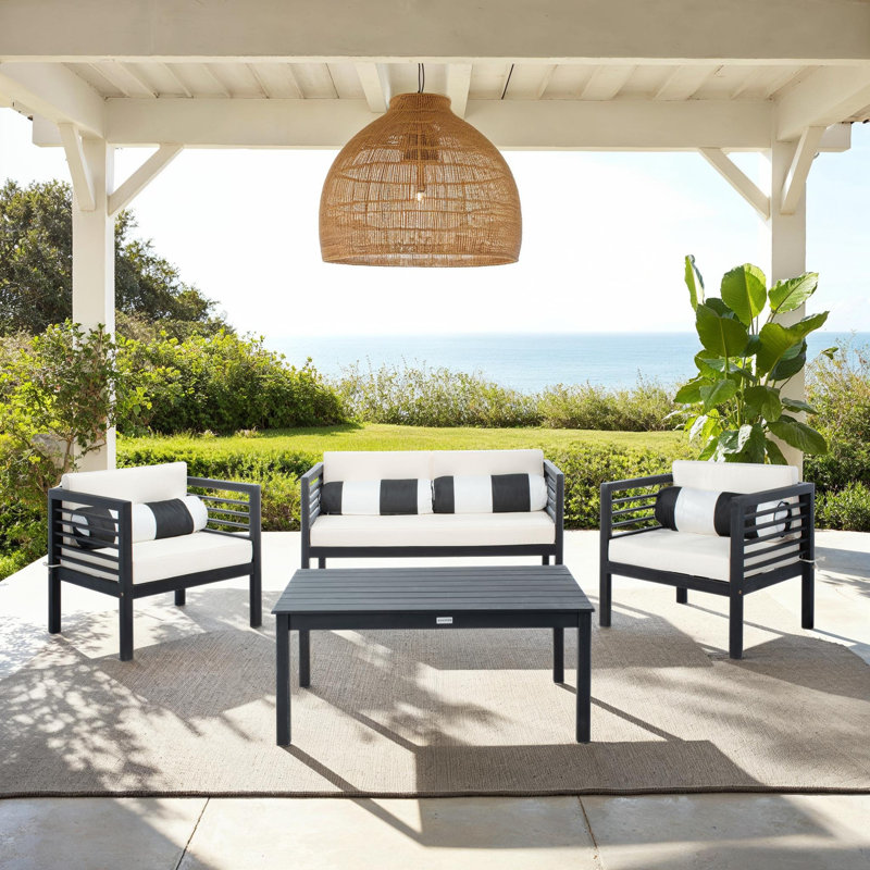 Arlethe Eucalyptus Solid Wood 4 - Person Patio Conversation Set with Cushions, Black/White, Black