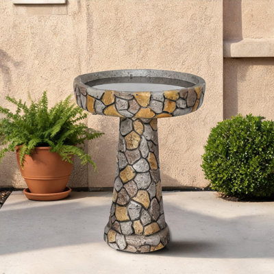Garden Bird Bath with Mosaic Accents – Concrete Round Basin Pedestal – 24-Inch Freestanding Outdoor Fountain Feature