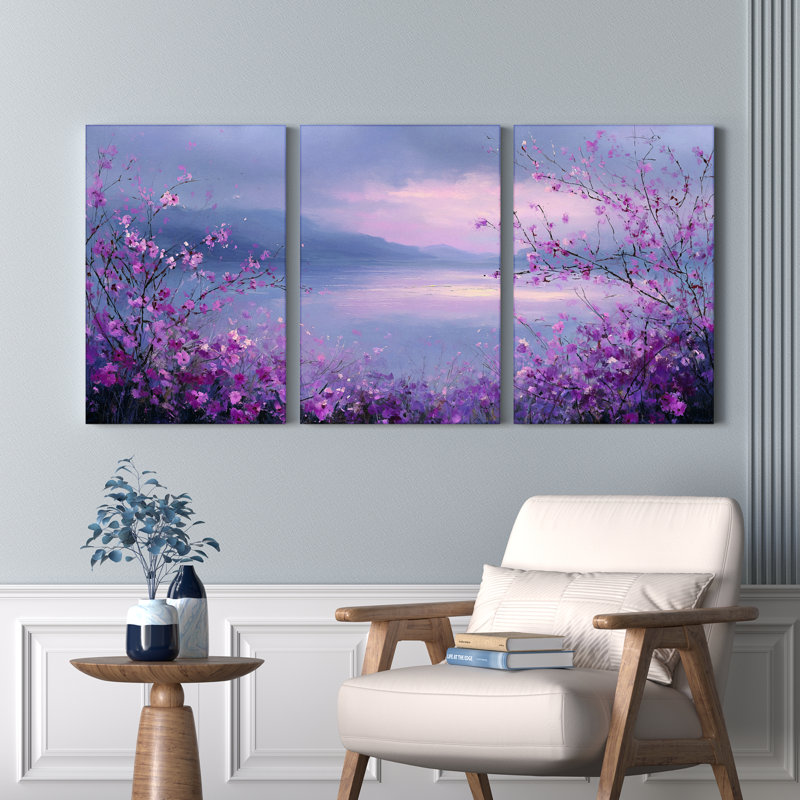 Tableau sur toile tendue à motif floral violet (paquet de 3), H 30 po x l 60 po