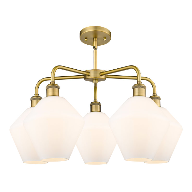 Lustre à 5 lumières, Blanc mat, Laiton brossé