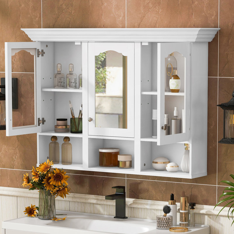 Armoire de salle de bain murale avec miroir, armoire avec 3 tablettes réglables et 3 compartiments ouverts