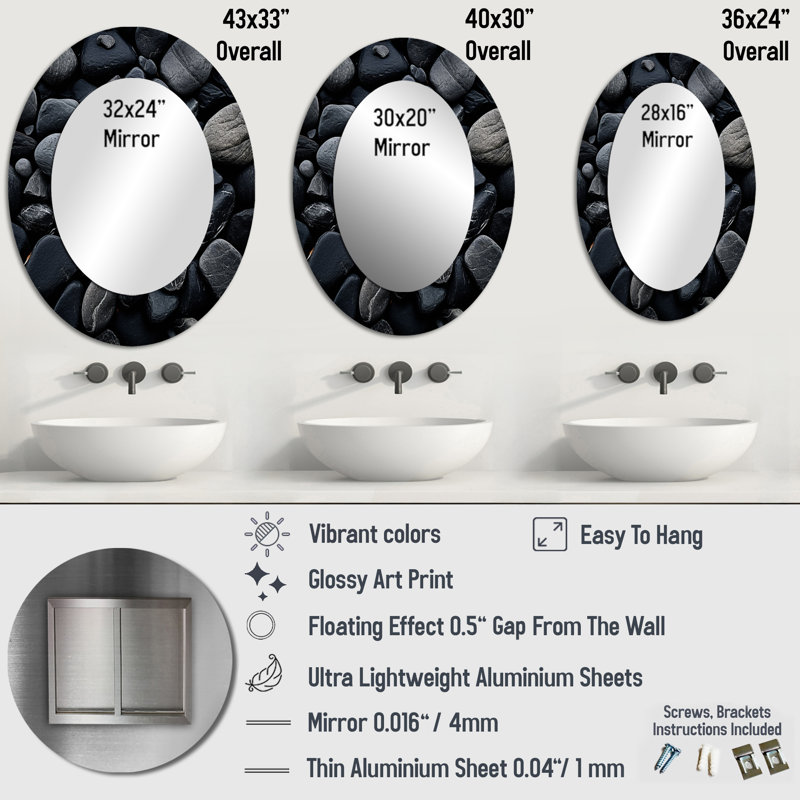 Black Stones Scenery Minimalism - Modern Oval Wall Mirror, 40" H x 30" W