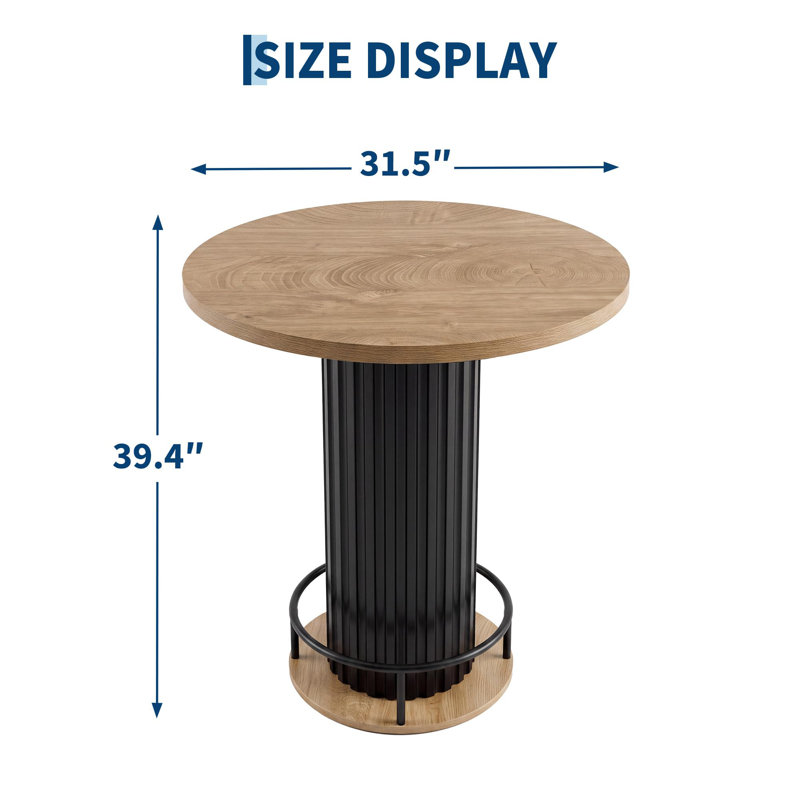 Table de bar ronde avec piètement ondulé en fer et repose-pieds, table haute de style bistro pour petits espaces, chêne