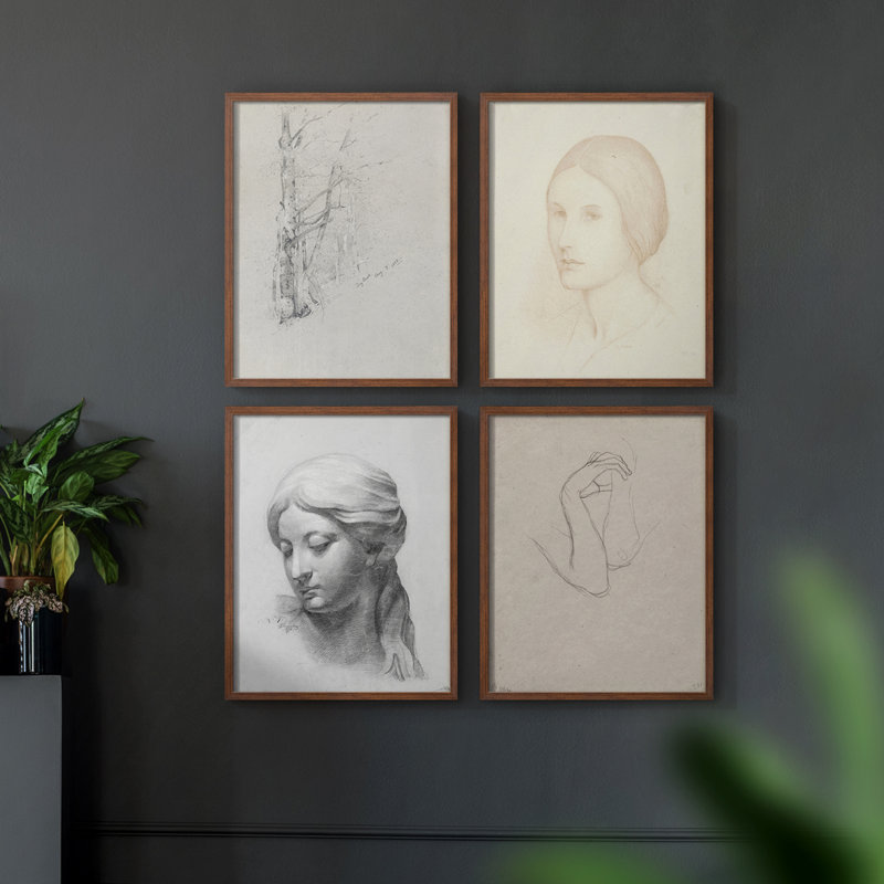 "Croquis rétro LVI", 4 pièces sur papier, Noyer, H 44 po x l 14 po