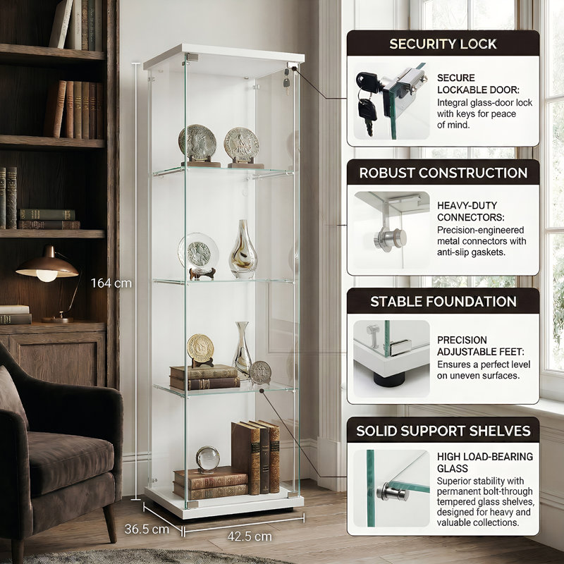 4-Tier Glass Single Door Display Cabinet, Tall Curio Cabinet with Toughened Glass, Black / White, White