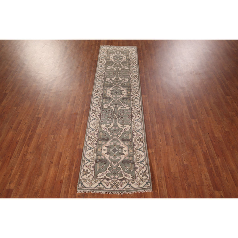 Tapis de couloir oriental vert et ivoire All-Over Oushak 3 x 10