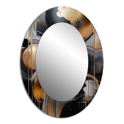 Gold And Black Marbled Euphoria V - Abstract Oval Decorative Mirror On Metal