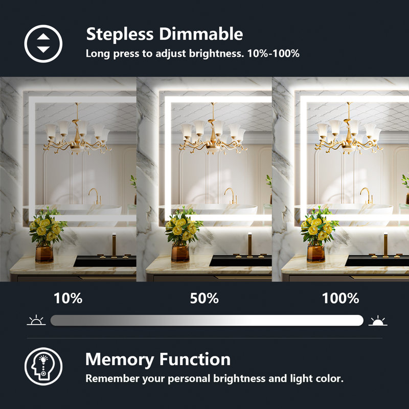 Akilan Frameless LED Vanity Mirror with Front-lit and Back-lit, Memory Function, 3 Color Temperatures & Dimmable Light, Anti-fog Tempered Glass ETL Mirror