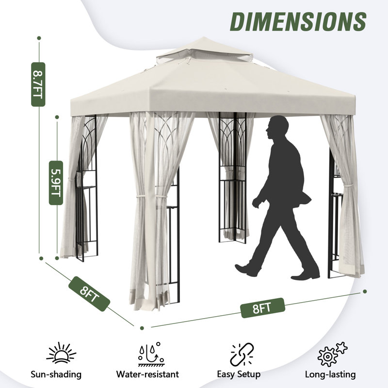 8 Ft. W x 8 Ft. D Steel Patio Soft Roof Gazebo With Netting, Beige