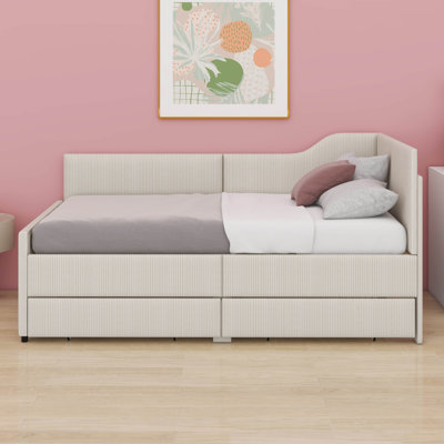 Twin Size Corduroy Daybed,Upholstered Day Bed Frame With 2 Large Storage Drawers,L-Shaped Sapce Saving Corner Sofabed