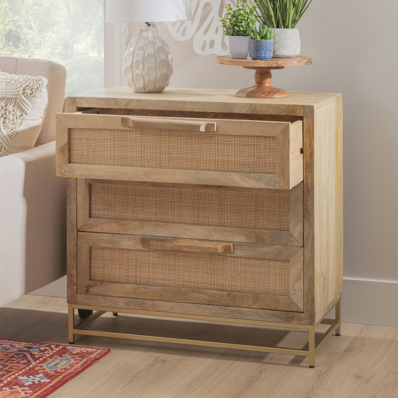 Dunster 3 Drawer 30" W Solid Wood Dresser, Gold/Natural