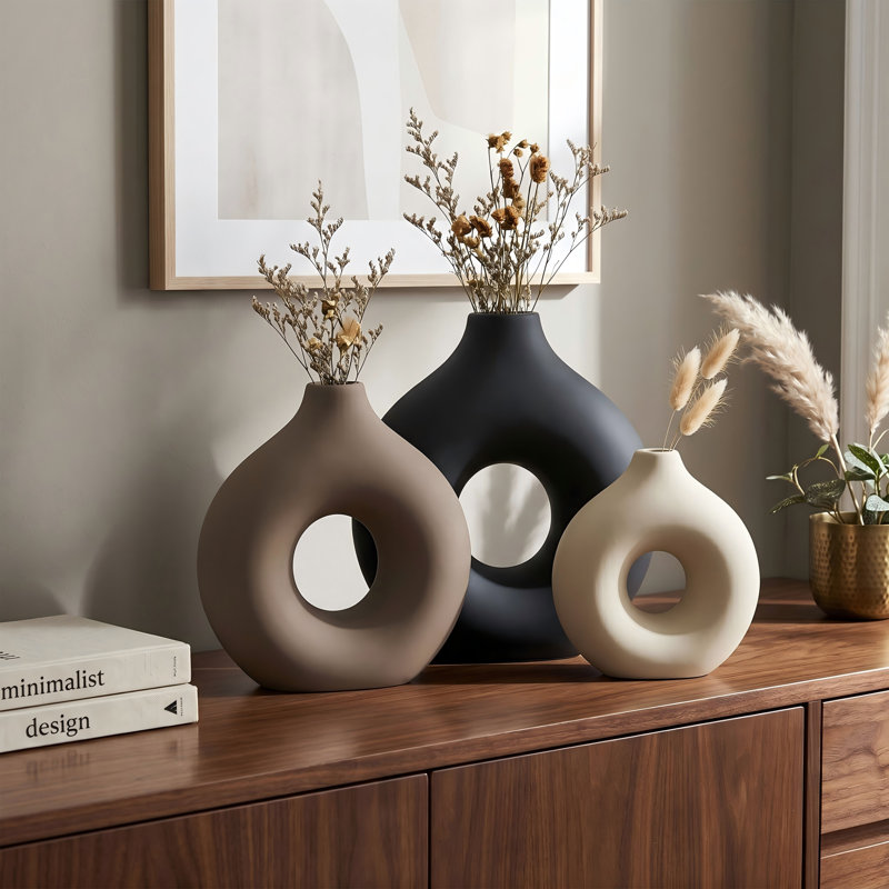 Ceramic Vase Set Of 3, Donut-shaped Modern Decorative Flower Vases, Small Table Centerpieces For Living Room, Farmhouse Aesthetic Home Décor