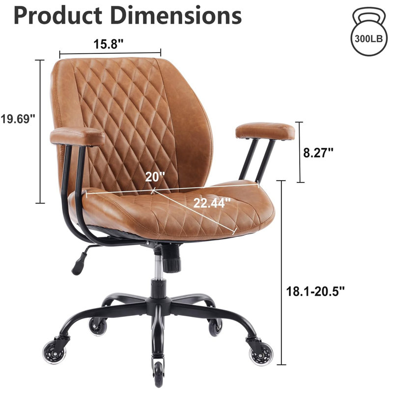 Chaise de bureau ergonomique à roulettes en caoutchouc avec soutien lombaire, hauteur réglable, pivotante et accoudoirs, en cuir marron.
