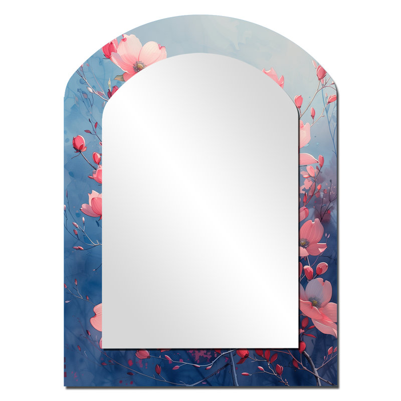 Pink Blue Garden Of Dreams Dogwood IV - Dogwood Arch Large Wall Mirror, Traditional Asymmetrical Unique Mirror, Printed Metal Art