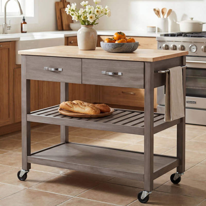 Delicia Kitchen Cart with Gray Base, Solid Wood