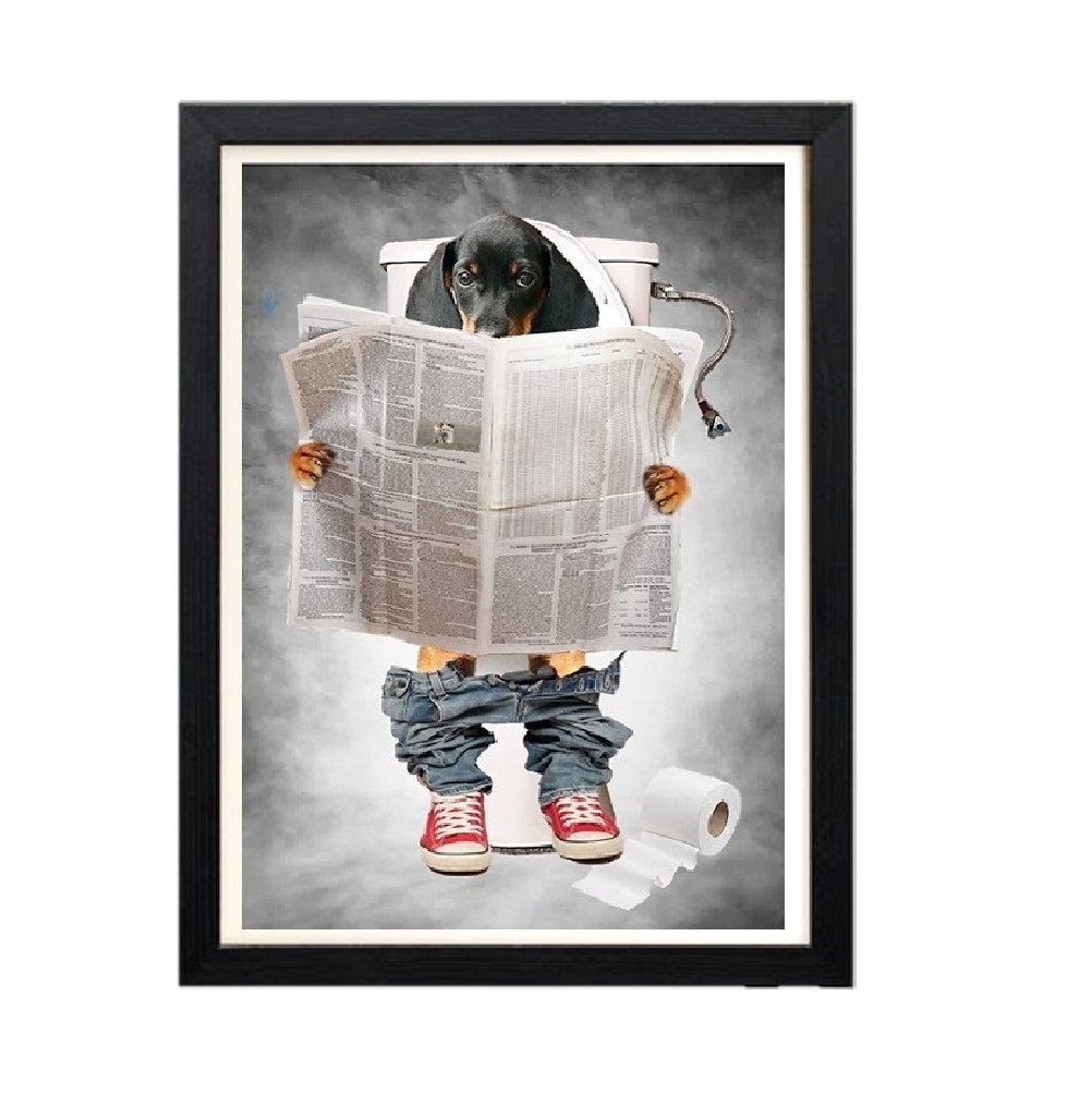 Funny Dachshund Picture - Black And Tan Sausage Dog On Toilet Print - Bathroom Wall Art
