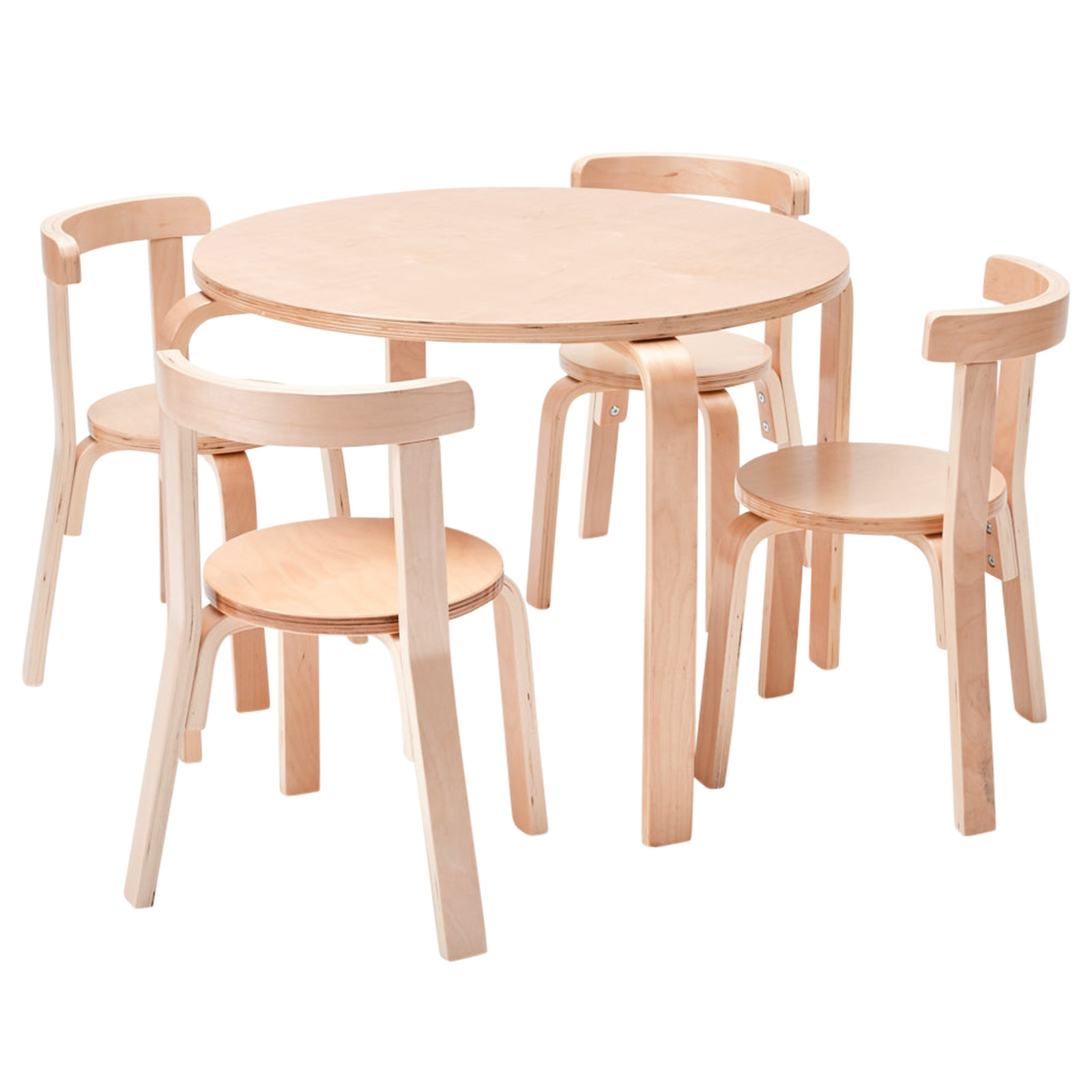 ECR4Kids Bentwood Round Table and Curved Back Chair Set, Kids Furniture, 5-Piece, Natural