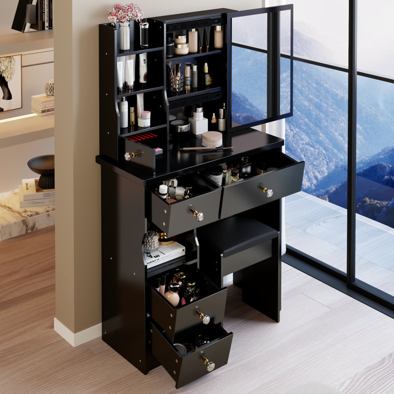 Table de coiffeuse de 29,2 po de profondeur avec tabouret rembourré, grand miroir coulissant à droite, rangement multicouche, design américain noir pour les petites chambres et
