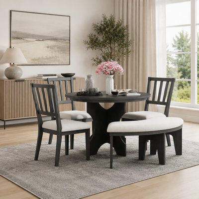 Ensemble de salle à manger 5 pièces rustique moderne avec 3 chaises rembourrées et banc incurvé, idéal pour les cuisines douillettes et les salons (gris)