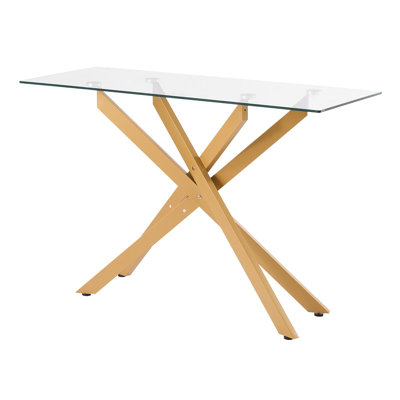 Glass Coffee Table, Modern Rectangle Sofa Side Table With Tempered Glass Top & Iron Cross-Legs, Golden Geometric Consloe Desk With Adjustable Anti-Slip Foot Pads For Living Room, Entryway, Foyer