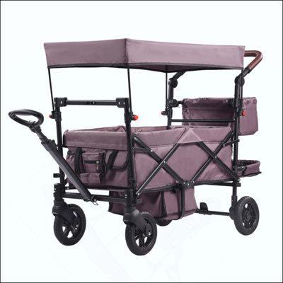 Wagon Stroller For 2 Kids, Push Pull Quad Collapsible Stroller With Adjustable Handle, Encircling Harness Removable Canopy,4 Wheels Brakes,Mutifunction Tandem Stroller For Camping