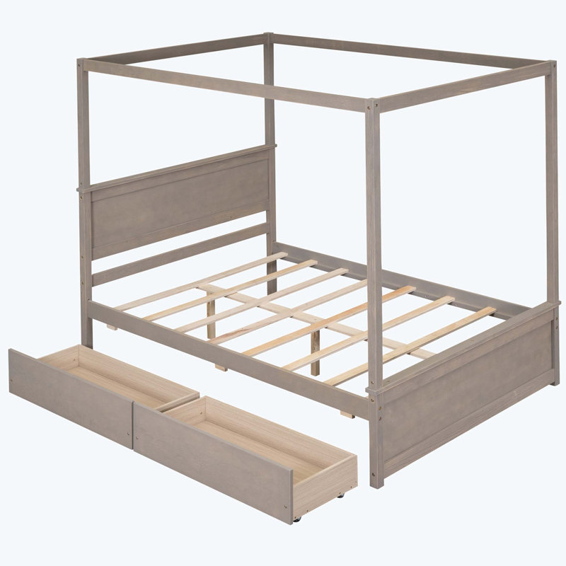 Lit à baldaquin avec rangement Dilyla, Brun pâle, Un lit et une armoire de rangement latérale avec 