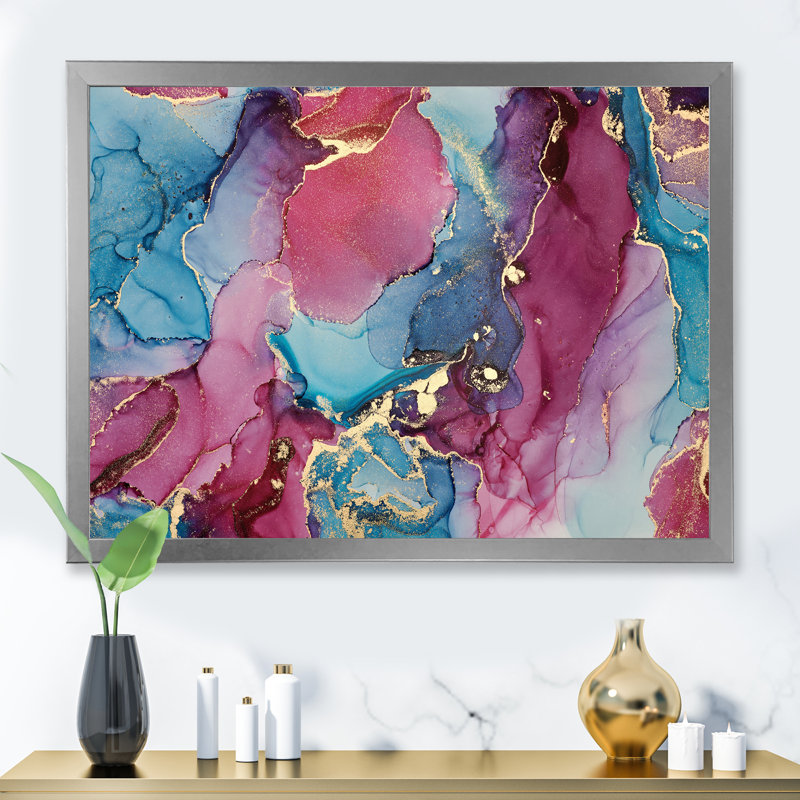 Bleu et mauve luxueux abstrait fluide - Peinture sur toile, H 34 po x l 44 po, Cadre de coin argenté fermé