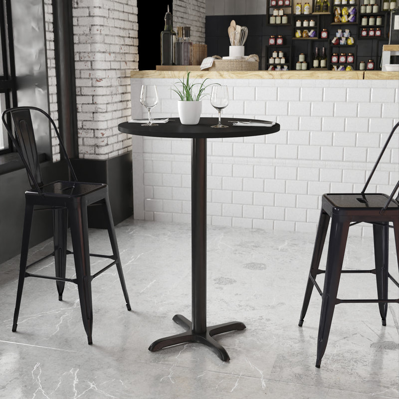 Round Black Laminate Bar Height Table with Wood Base