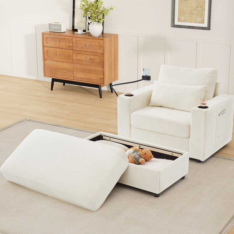 Fauteuil multifonctionnel de style moderne avec repose-pieds de rangement mobile, ports USB, porte-gobelets et poches latérales pour espaces de vie compacts, beige