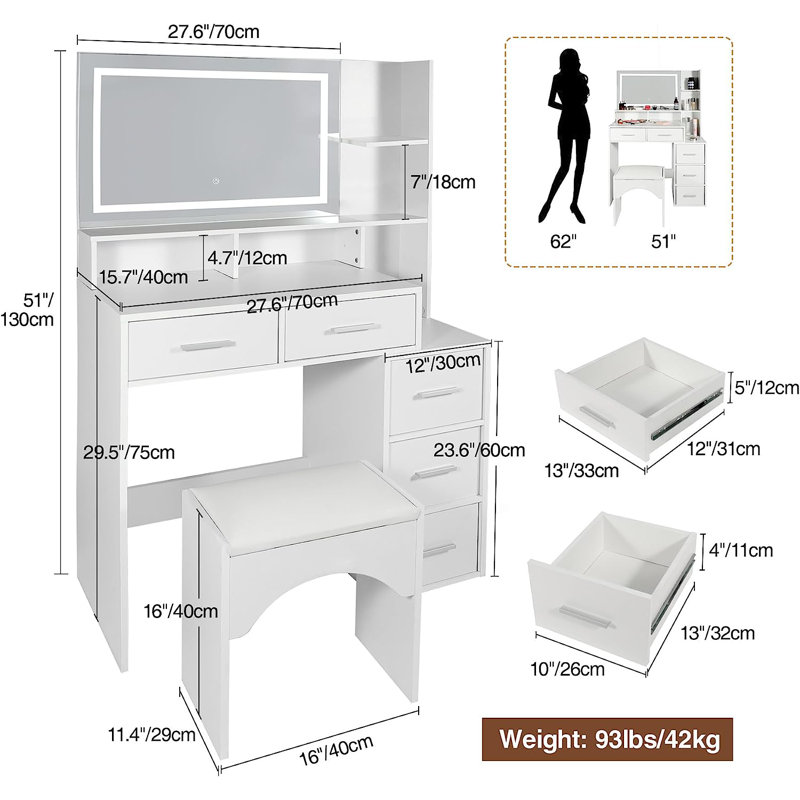Ensemble coiffeuse avec miroir lumineux et tabouret Khilyn