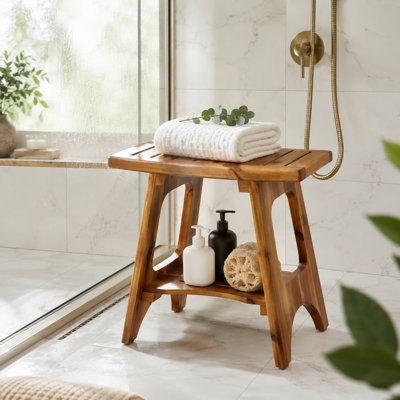 Acacia Wood Shower Bench with Storage Shelf, Waterproof Bathroom Stool, 450 lb. Capacity