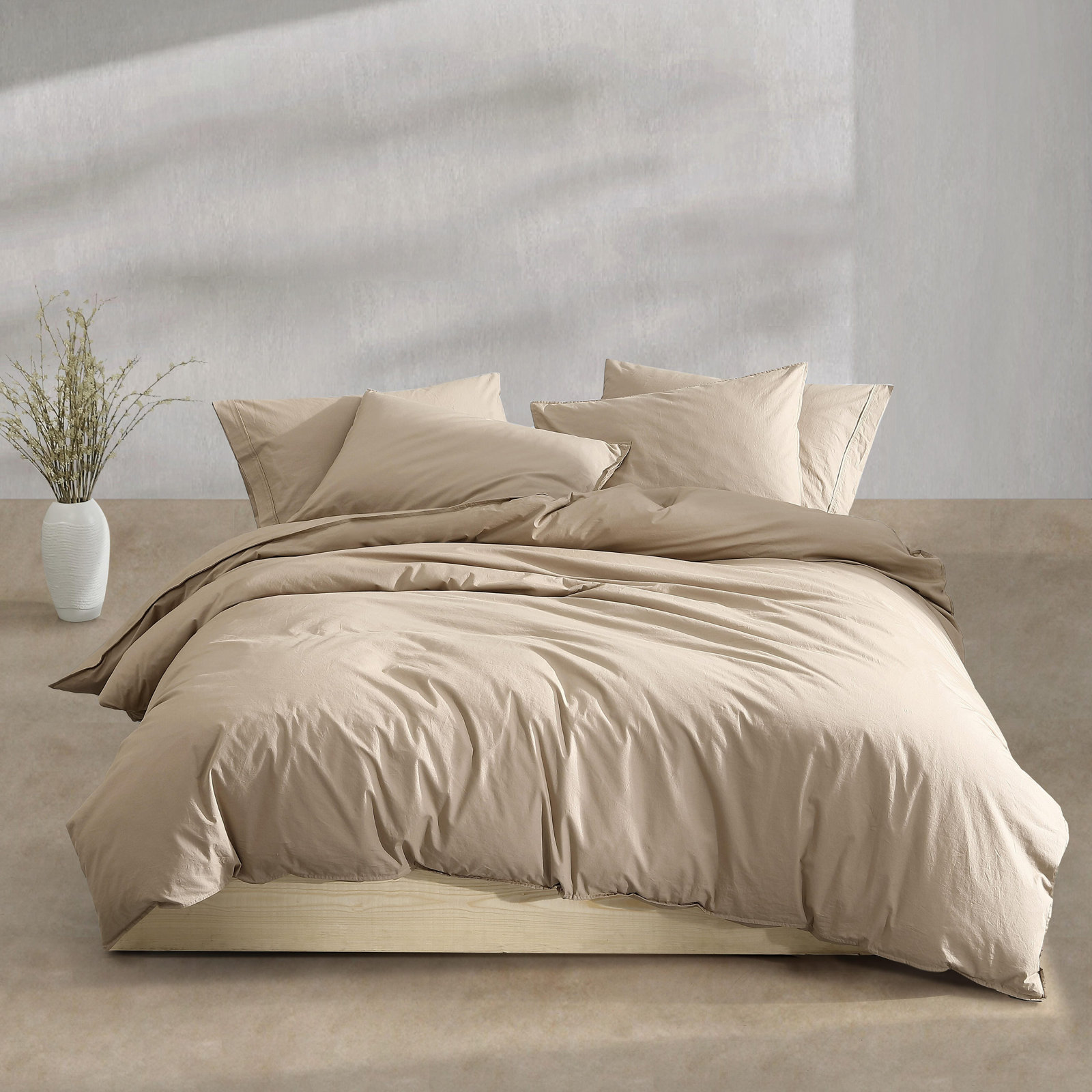Washed Percale Cotton Duvet Cover Set, Queen Duvet Cover + 2 Standard Shams, Camel Brown