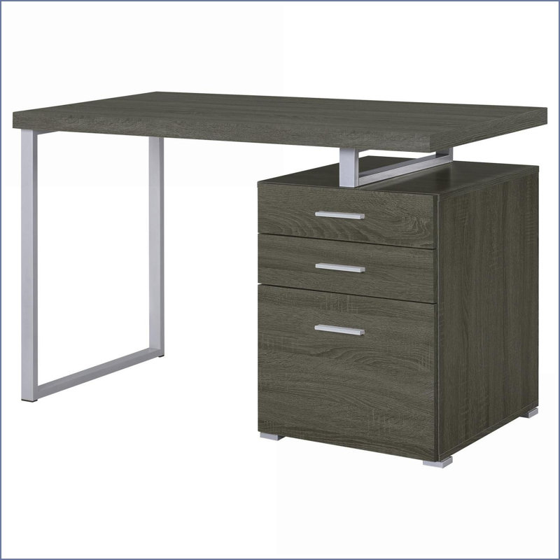 Bureau moderne réversible à 3 tiroirs avec classeur gris patiné | Bois d'ingénierie | Pieds en métal
