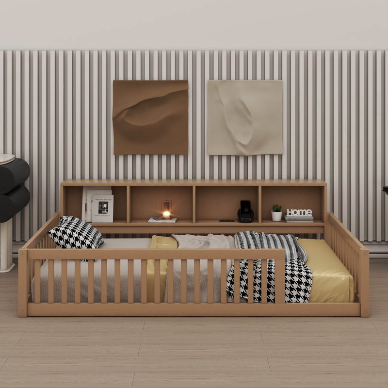 Élégant lit simple en bois TG avec armoires de rangement et ports USB, Brun