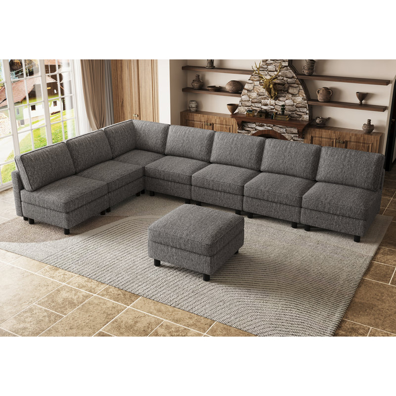 Straight Modular Sofa With Storage For Large Open Concept Living Room, Grey Polyester Blend