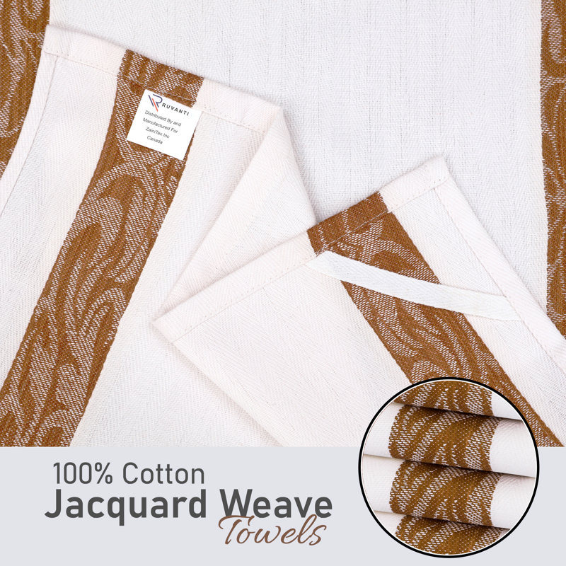 Set of 12 White and Brown Cotton Terry Kitchen Towels