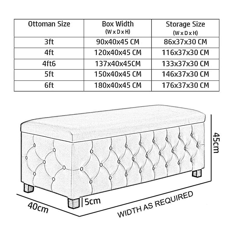 Empire Wide Chesterfield Rectangle Solid Color Standard Ottoman Storage Bench, Plush Velvet Upholstered Coffee Table with Legs